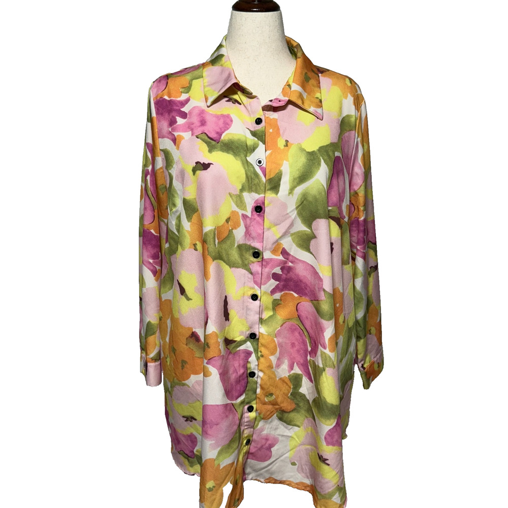 Shein Curve Top Womens 2XL Pink Green Colorful Floral Button Up Career
